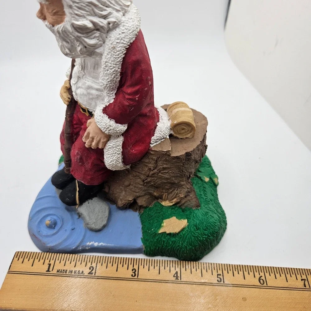Vintage 1993 Sleeping Santa Claus Figurine Sitting on Tree Stump Creek Fishing